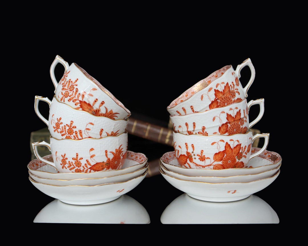 Rust Tea Cups 6x HEREND Porcelain Tea Cups With Saucers - Indian Basket / Fleurs Des ...