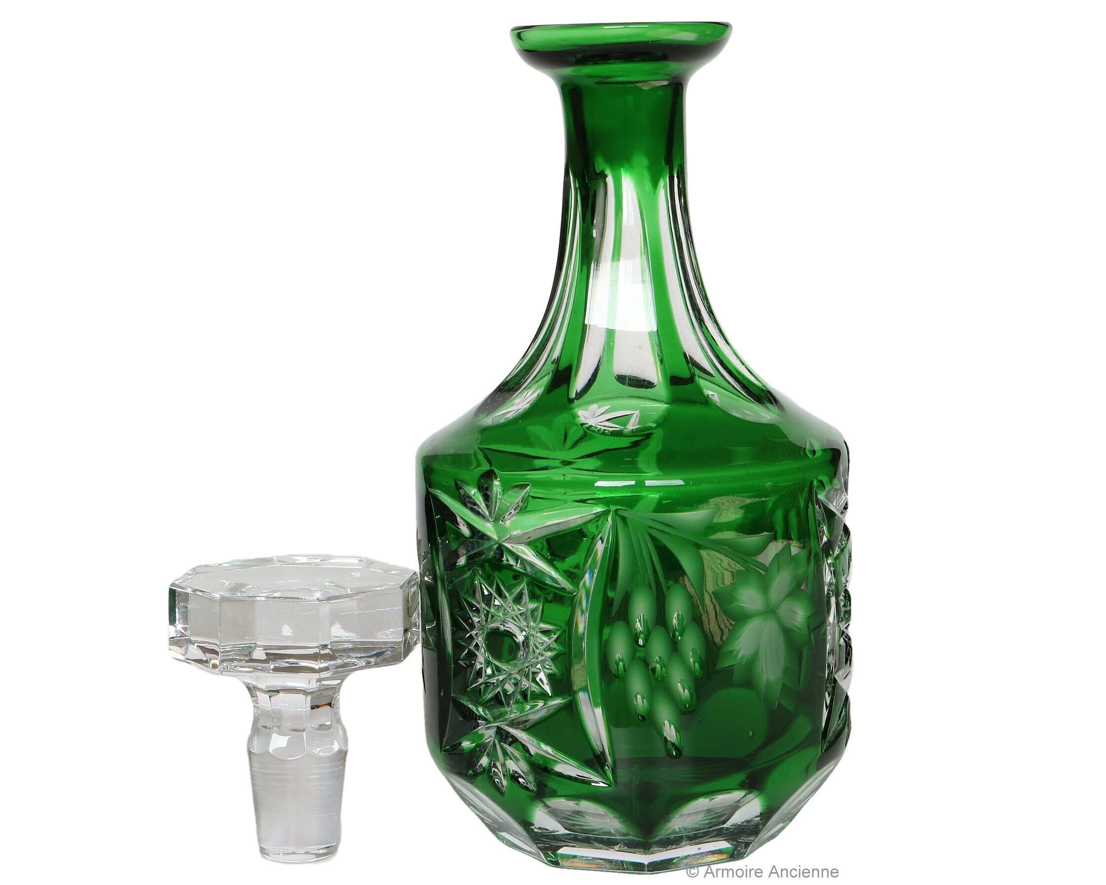 Cut Crystal With Emerald Green Overlay Mid Century Emerald Green Crystal Decanter Green Glass