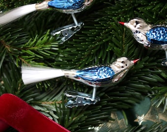 1x Lauscha Clip On Glass Bird Christmas Ornament: Silver & Blue with Fiberglass Tail