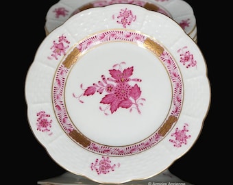 6x Piatti in porcellana HEREND, piccoli Ø 12,5 cm - Apponyi motivo bouquet cinese in lampone - DIPINTI A MANO
