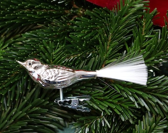 1x Lauscha Clip On Glass Bird Christmas Ornament: Silver with Fiberglass Tail
