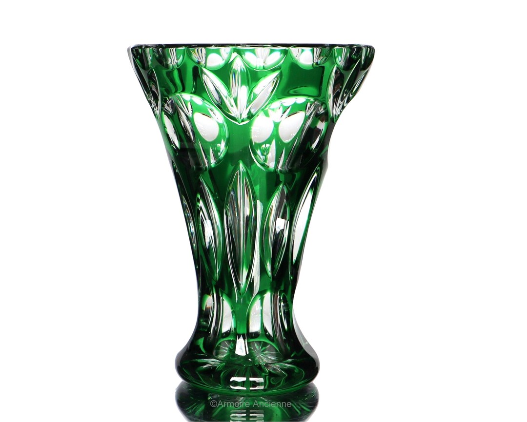 Small Crystal Vase With Emerald Green Overlay and Cuttoclear Decor Etsy