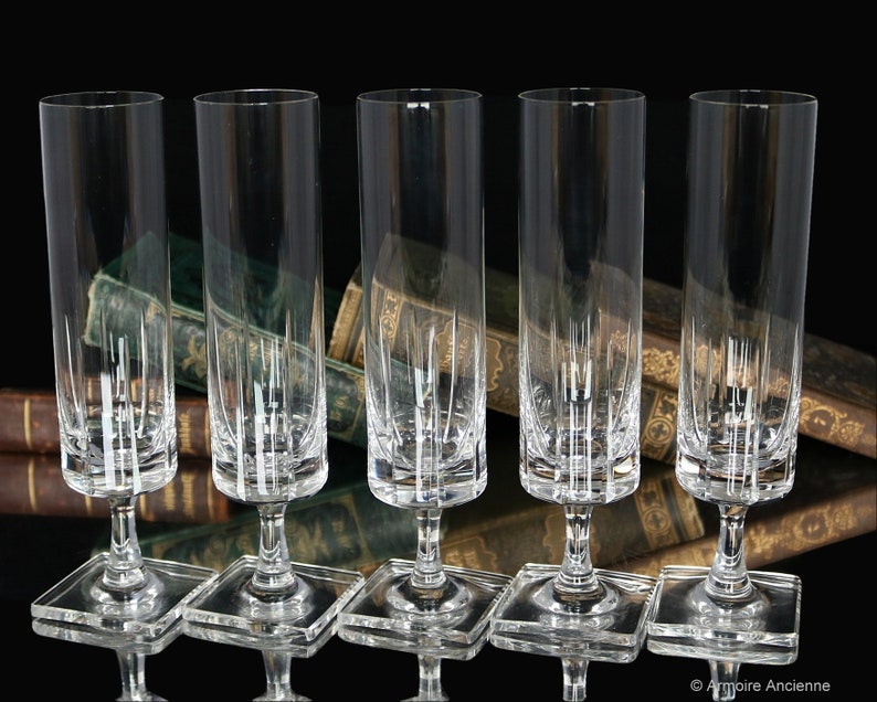 5x ROSENTHAL Crystal CHAMPAGNE FLUTES on Square Foot Design by George Butler Jensen Berlin Pattern