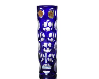 Cobalt Blue Crystal Vase with Cut-to-Clear Decor