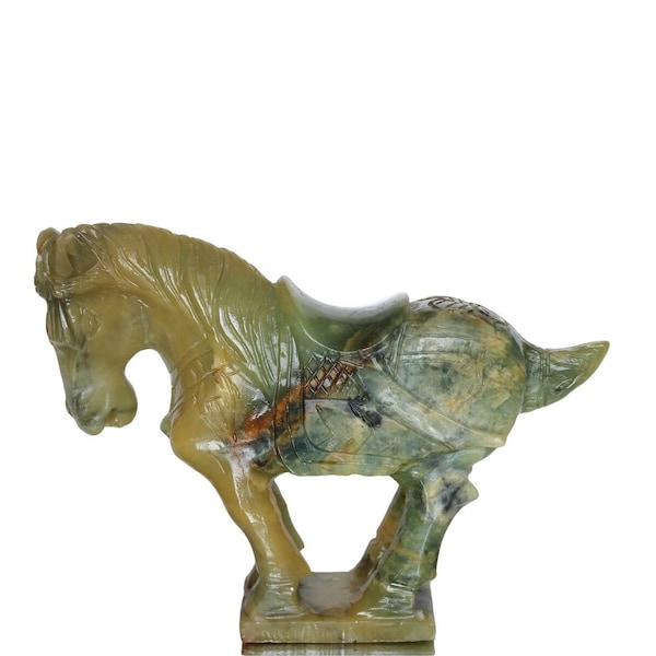 Grande figurine de cheval chinois Tang, pierre dure verte naturelle sculptée à la main, animal Fengshui