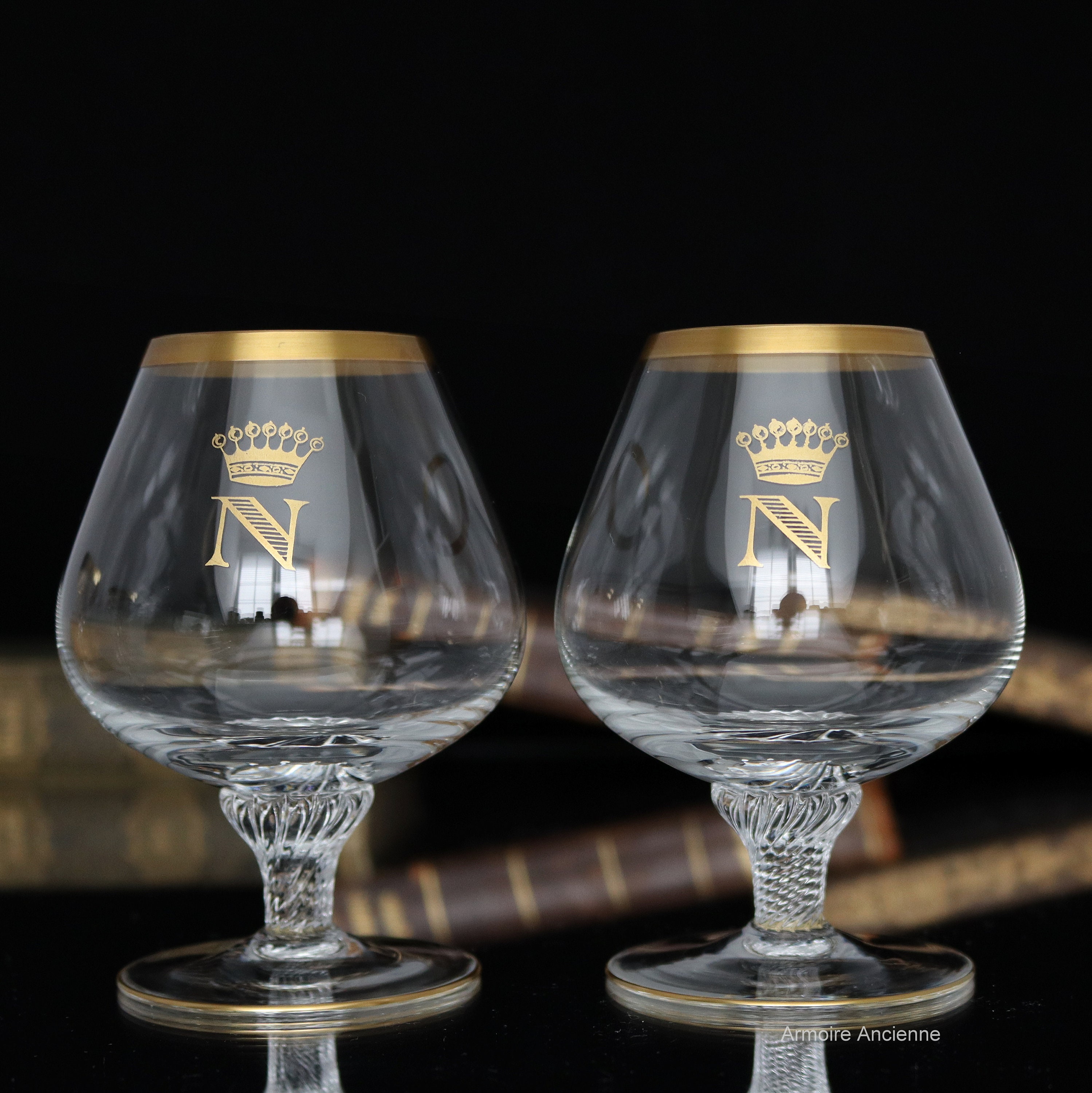 Set of 2 Hand Made Vintage Crystal Glasses, Brandy & Cognac Snifter with  24K Gold Rim, Old-Fashioned Glassware, 7 fluid ounces