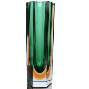 Murano Glass Vase - Faceted Cut Art Glass Vessel in Green & Orange