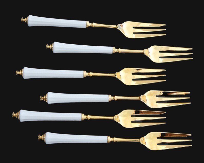 6x HANSEAT Cake Forks 24K GoldPlated with Porcelain Handles Etsy