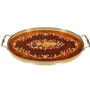 Wooden Tray with Floral Inlay & Brass Mounting