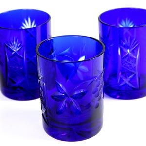 Crystal WHISKEY Glasses with Cobalt Blue Overlay and Grapes Cut | Set of 3