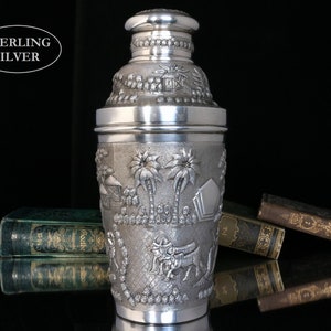 Sterlingzilveren COCKTAIL SHAKER met handgegraveerd tribal decor, India - barwagenaccessoire