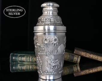 Sterling Silver COCKTAIL SHAKER with Hand-Engraved Tribal Decor, India - Bar Cart Accessory