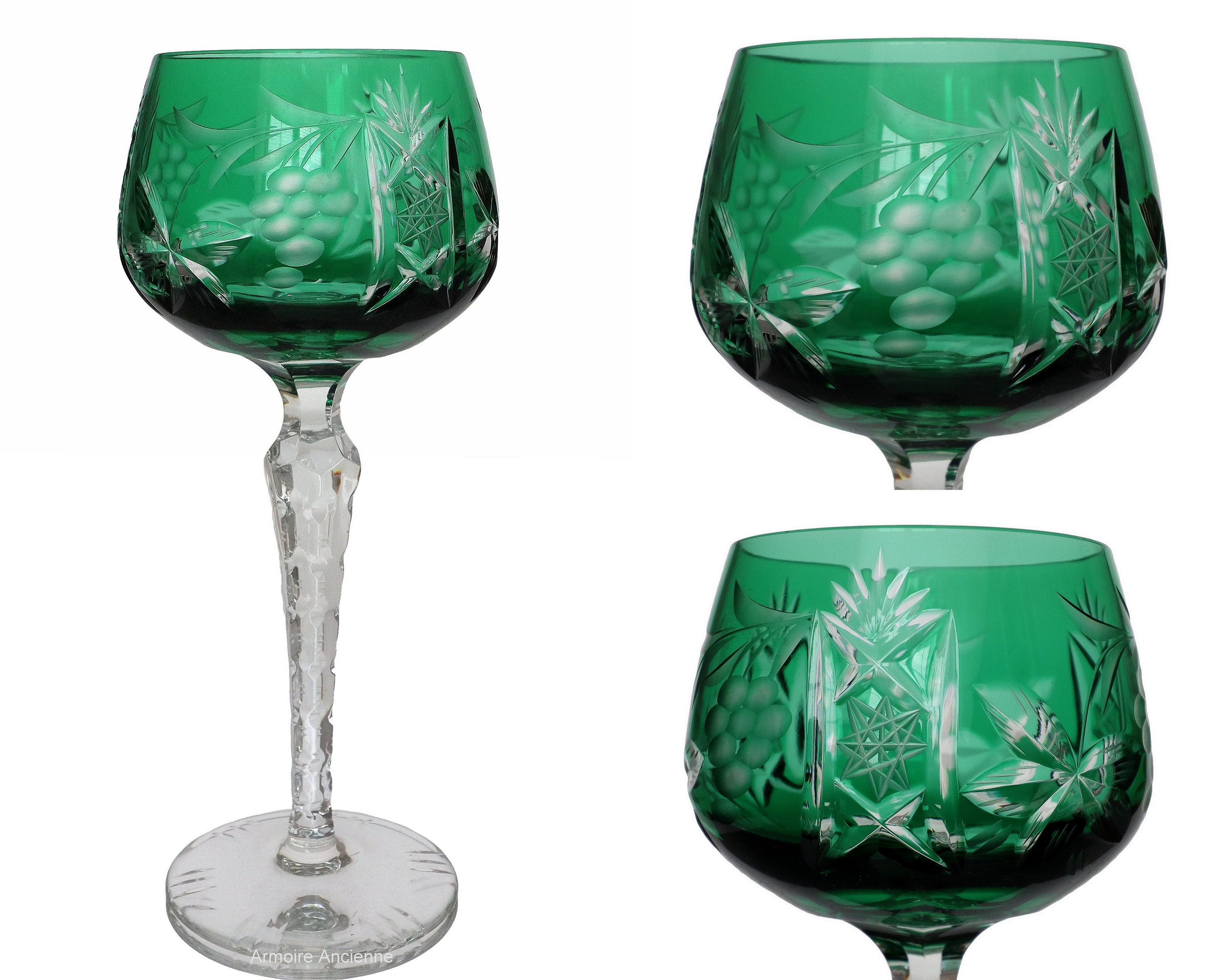 Extra large wine glasses set with etched Grape pattern c1900 - Ruby Lane