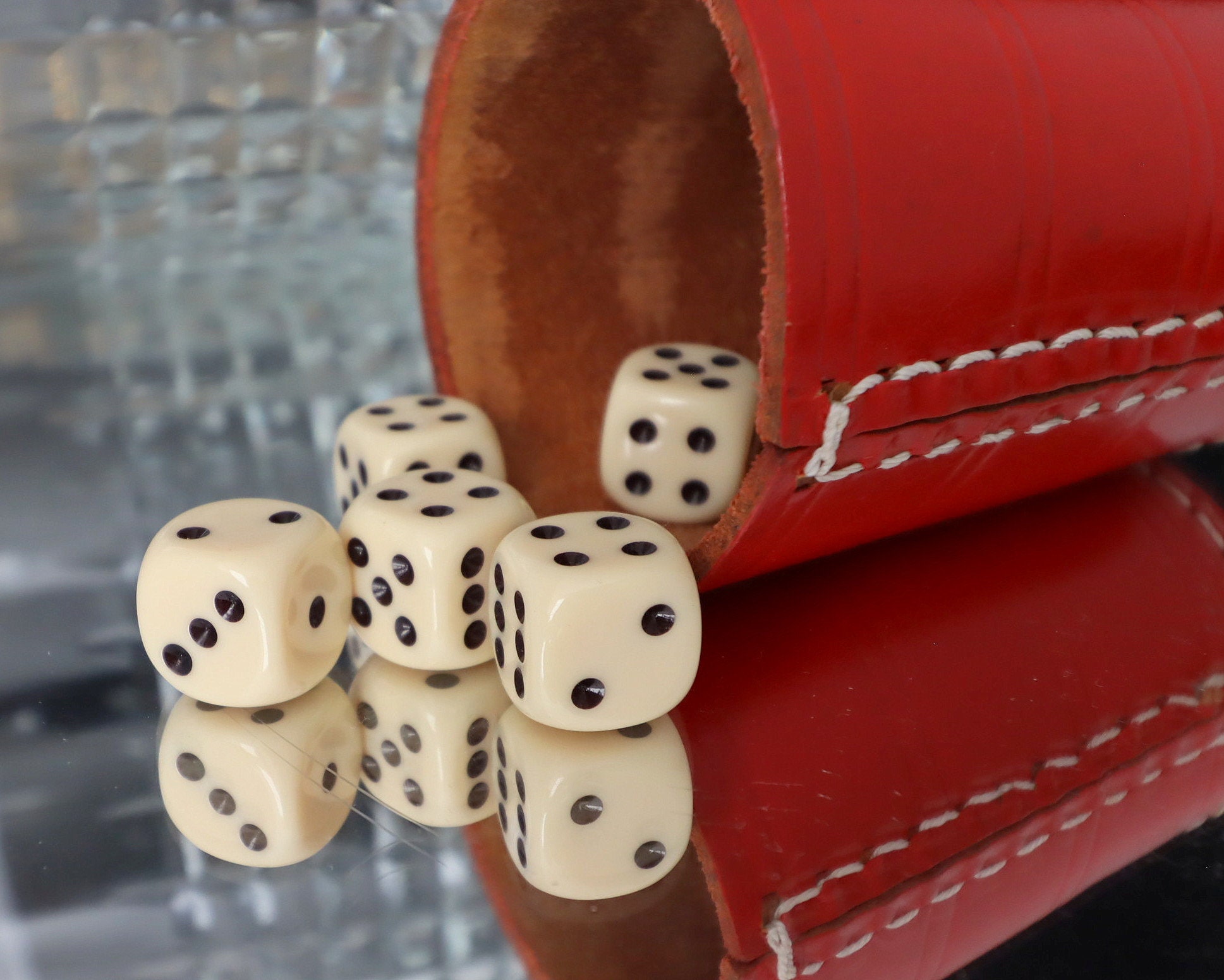 Vintage German Dice Table Game, Leather Dice Cup & Six Dices
