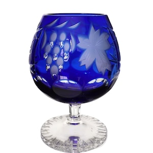 2x Blue COGNAC GLASSES - Colored Crystal - Grapes Cut
