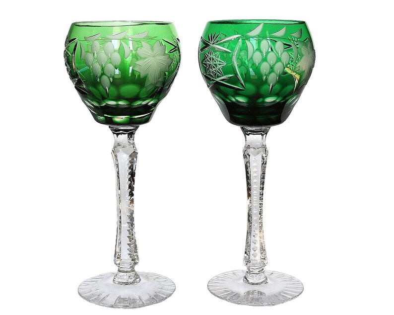 6x Crystal WINE Glasses With Green Overlay ANNAHÜTTE Etsy
