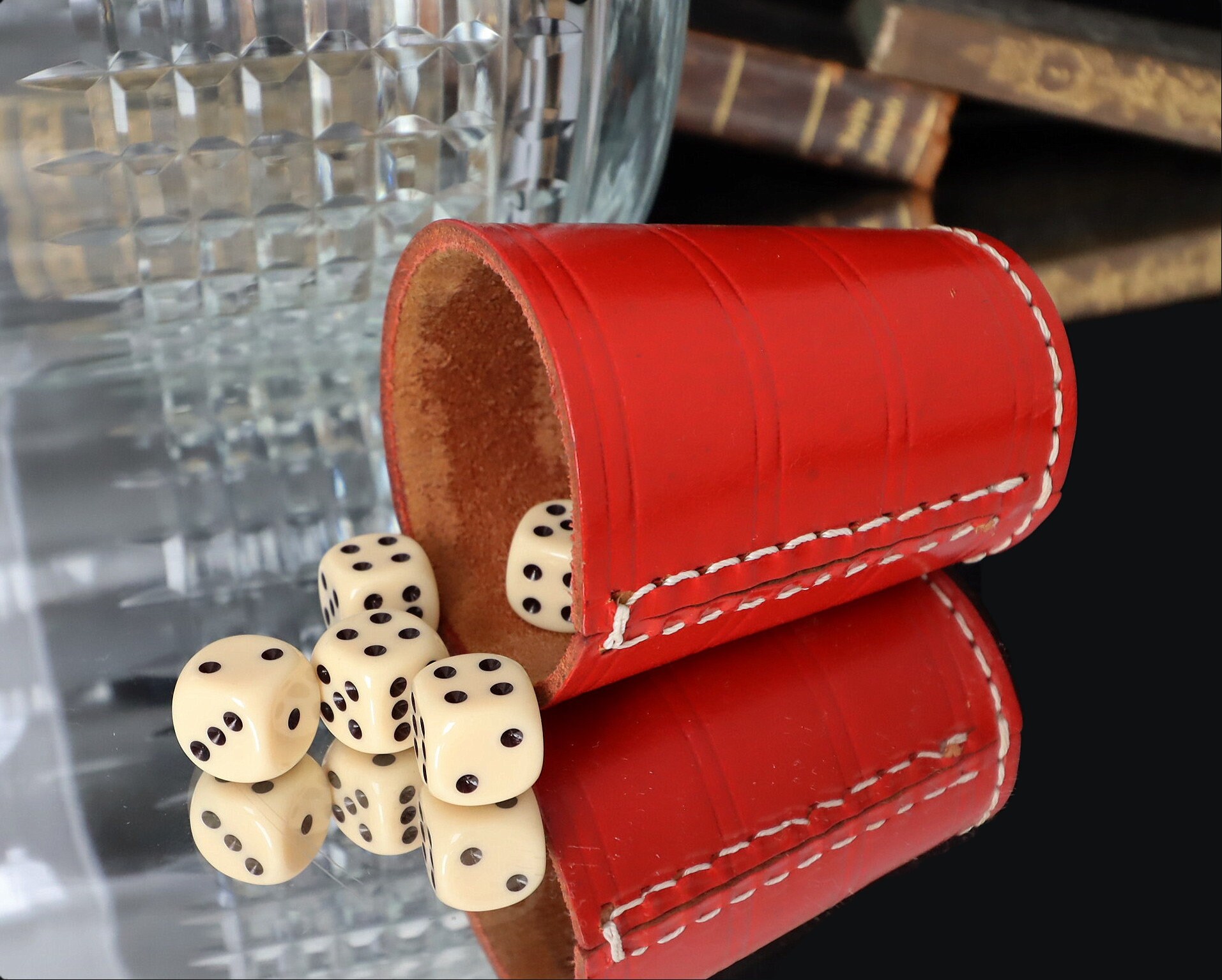 Vintage German Dice Table Game, Leather Dice Cup & Six Dices