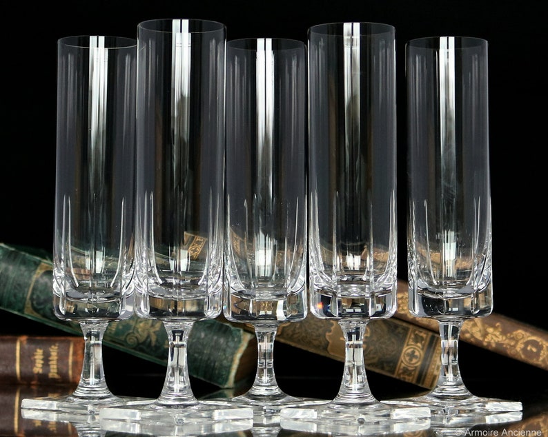 5x ROSENTHAL Crystal CHAMPAGNE FLUTES on Square Foot Design by George Butler Jensen Berlin Pattern
