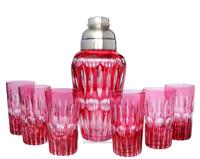 Crystal Cocktail Shaker & Glasses Set Gold Ruby Overlay Cut Etsy