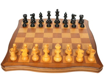 Staunton Chess Set with a Chess Board, King 3.15" (8 cm) - Large Chessmen in Black & Lacquered Boxwood, Weighed