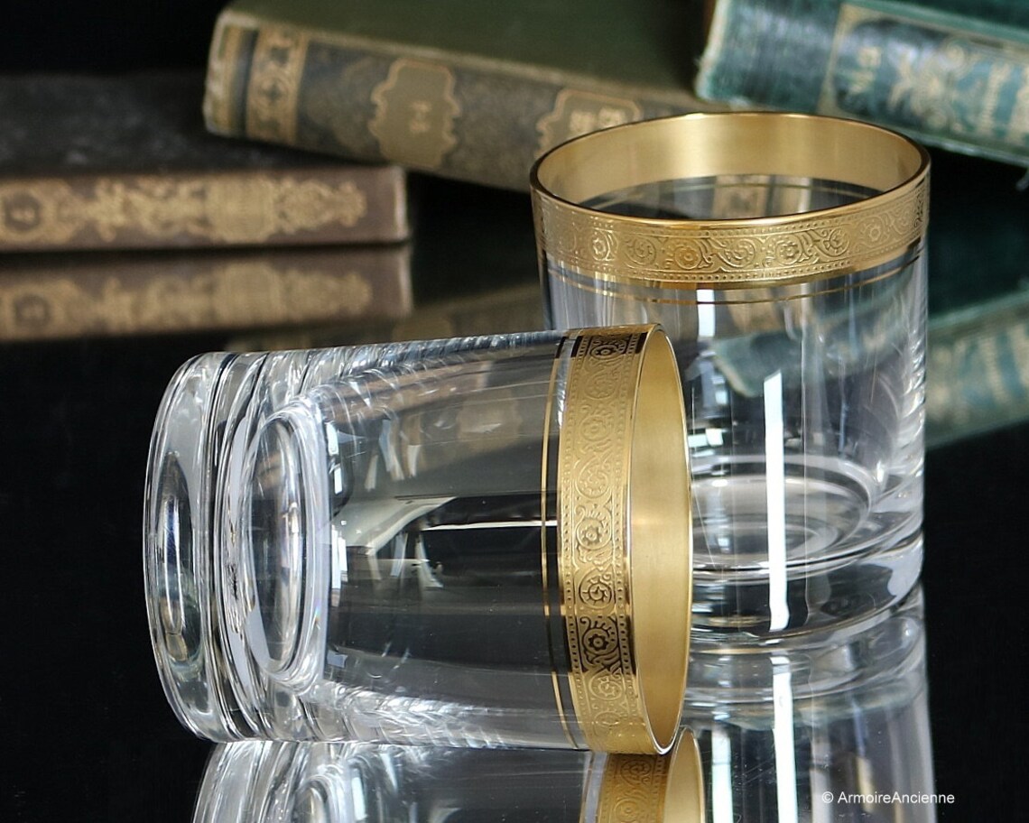 2x Crystal Whiskey Glasses with Textured 24K Gold Rim Etsy