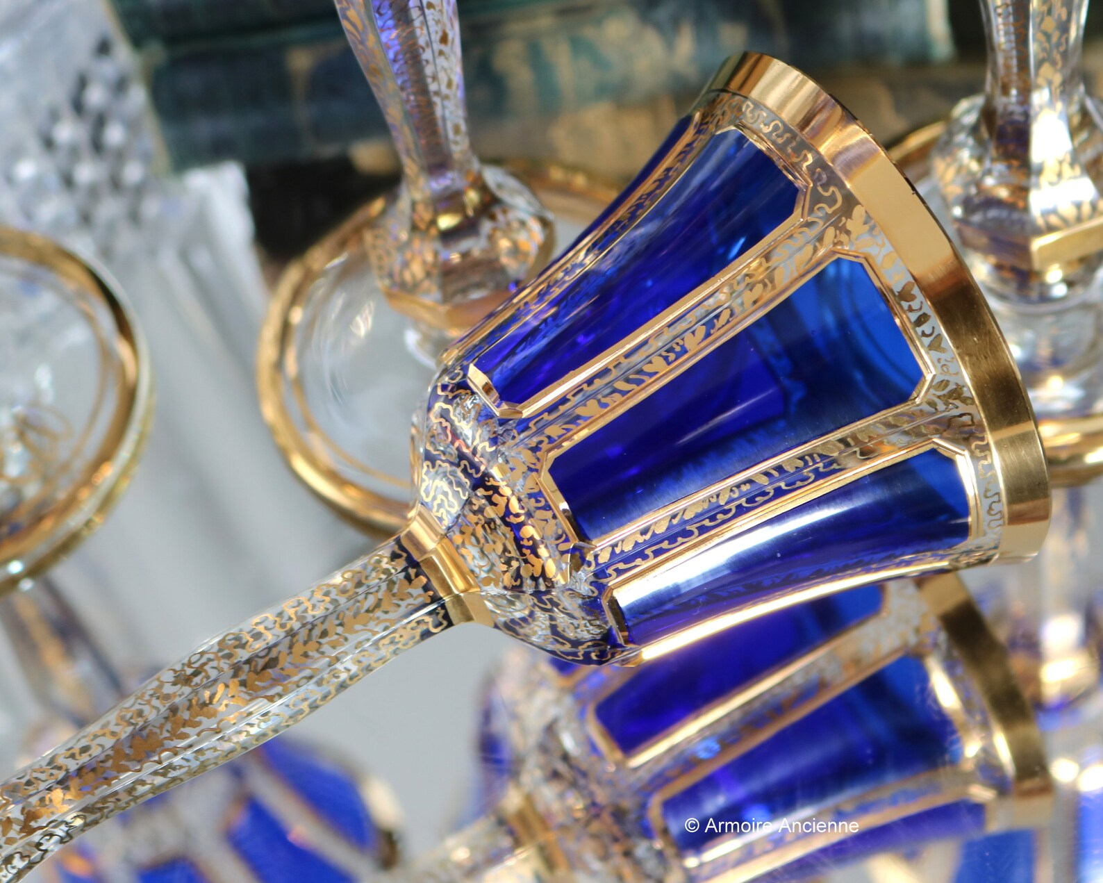 5x Large Crystal WINE Glasses With Cobalt Blue Overlay 24K Etsy