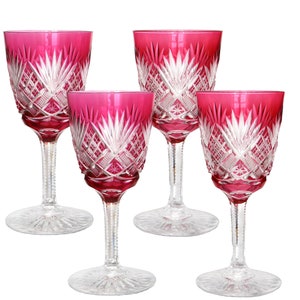 VAL SAINT LAMBERT - Small Crystal Wine Glasses with Cranberry Overlay | Set of 4