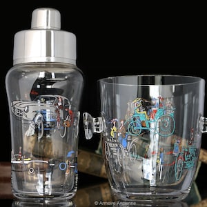 Set di shaker e bicchieri da cocktail, stampa di auto d&#39;epoca