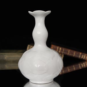 Puede incluir: Un jarrón de cerámica blanco con base bulbosa y cuello esbelto, con un patrón floral en la parte inferior. El jarrón tiene una abertura acampanada en forma de pétalo. El fondo incluye libros antiguos borrosos.