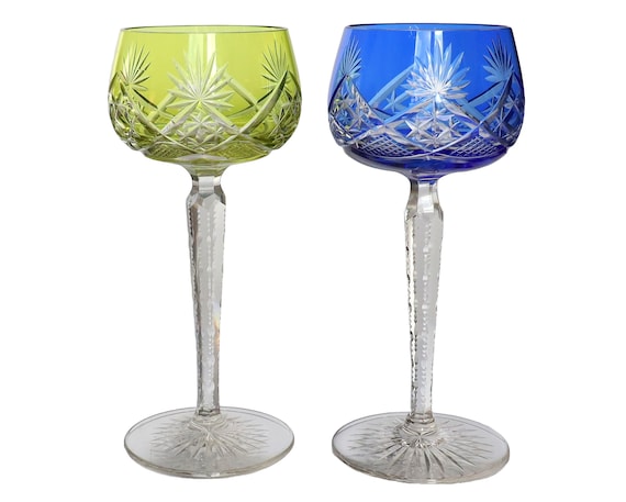 Val Saint Lambert Crystal Wine Goblets in Blue and Reseda Green