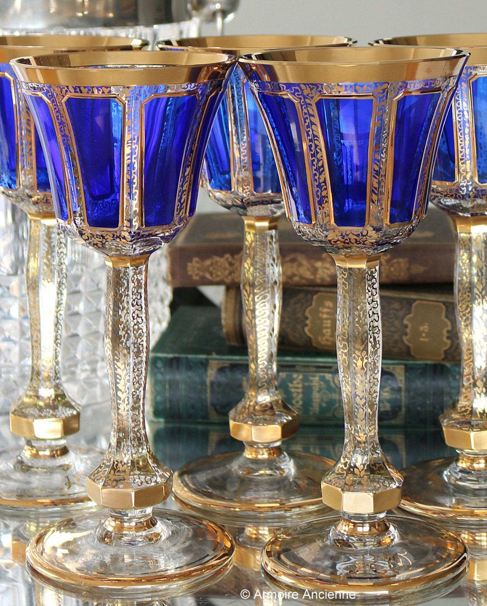 5x Large Crystal WINE Glasses With Cobalt Blue Overlay 24K Etsy