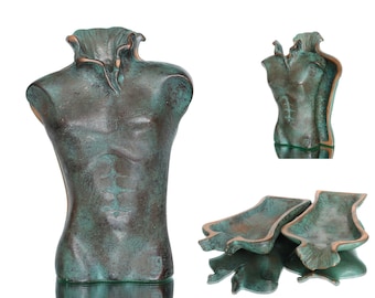 Bronze Double ASHTRAY in Men's Torso Design, Verdigris Finish, Handmade