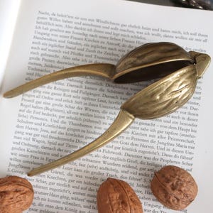 Puede incluir: Antiguo cascanueces de latón con diseño de nuez, sobre un libro abierto con texto en alemán. Tres nueces marrones se colocan cerca, evocando un ambiente de cocina o comedor.