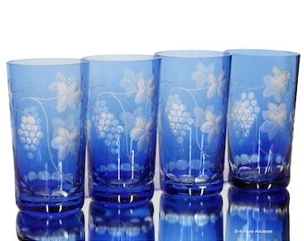 Crystal LONG DRINK GLASSES with Blue Overlay, Grapes Pattern | Set of 6