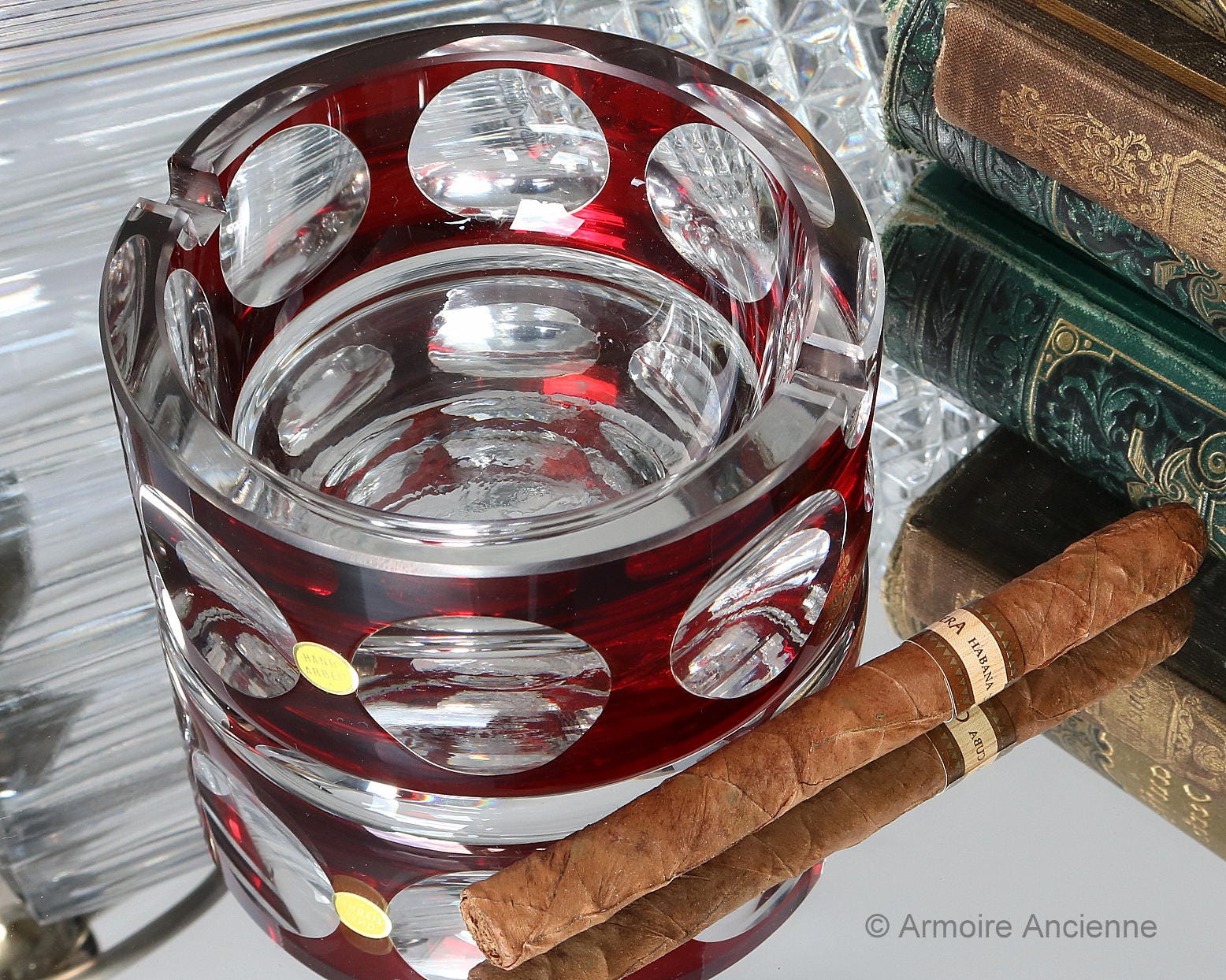 Vintage Heavy Cut Crystal Ashtray Ruby Red Overlay Cigar Etsy