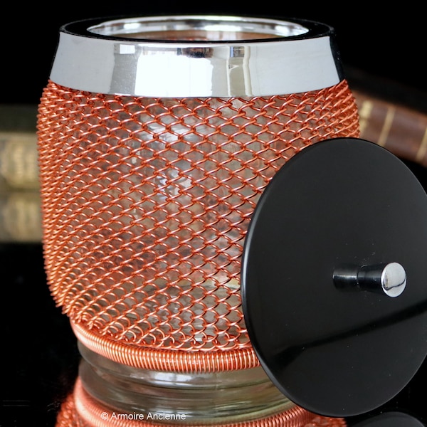 Lidded Ice Container of Glass with Copper Wire Mesh