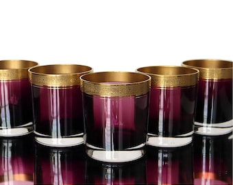 5x Purple Crystal WHISKEY Glasses with Gold Rim - THERESIENTHAL