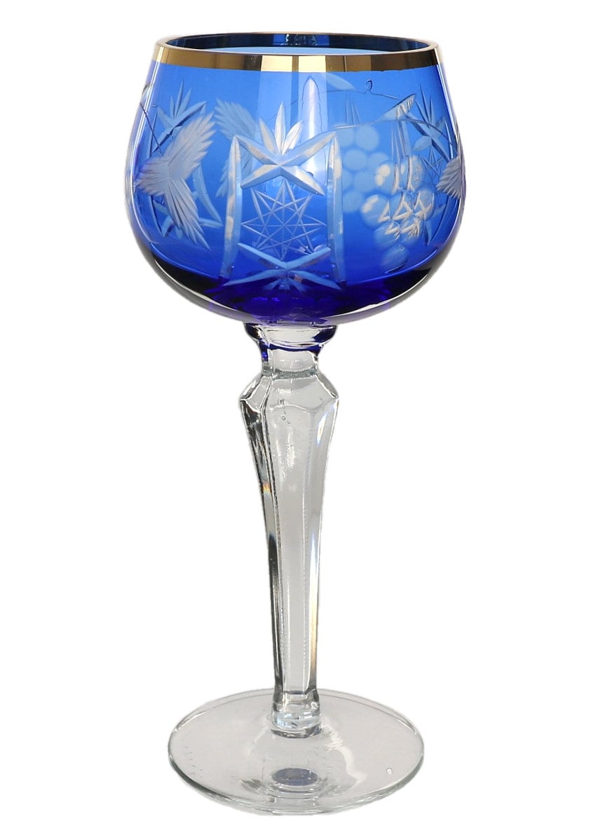 Vintage, vetro blu, set di 7, bicchieri da vino con motivo a uva inciso,  squisito, soffiato a mano, delicato, alto, raro, bicchieri da vino blu -   Italia