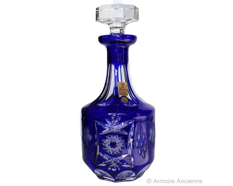 CRYSTAL DECANTER with Cobalt Blue Overlay Cut Grapes Decor Etsy
