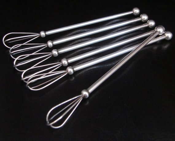 6x CHAMPAGNE WHISKS Cocktail Swizzle Sticks, Silver-plated Bar Cart  Accessory 