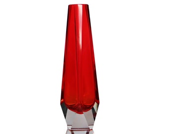 Vase en verre d'art à facettes en rouge - Récipient en verre de Murano fait à la main