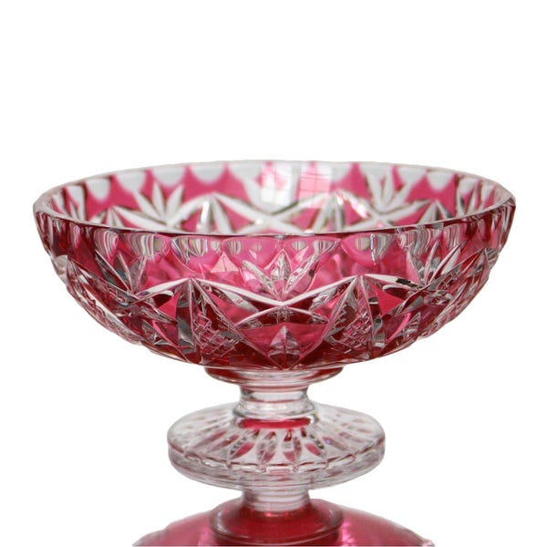 Vintage Cranberry Crystal Footed Bowl - Cut Glass Serving Dish