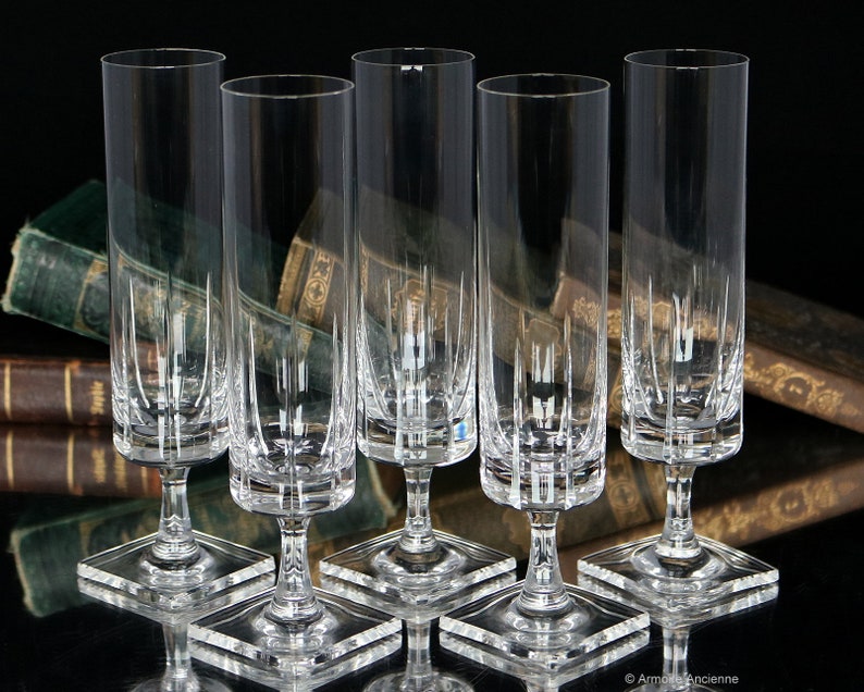 5x ROSENTHAL Crystal CHAMPAGNE FLUTES on Square Foot Design by George Butler Jensen Berlin Pattern