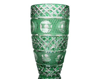 Large Crystal Vase with Emerald Green Overlay and Elaborate Cuts
