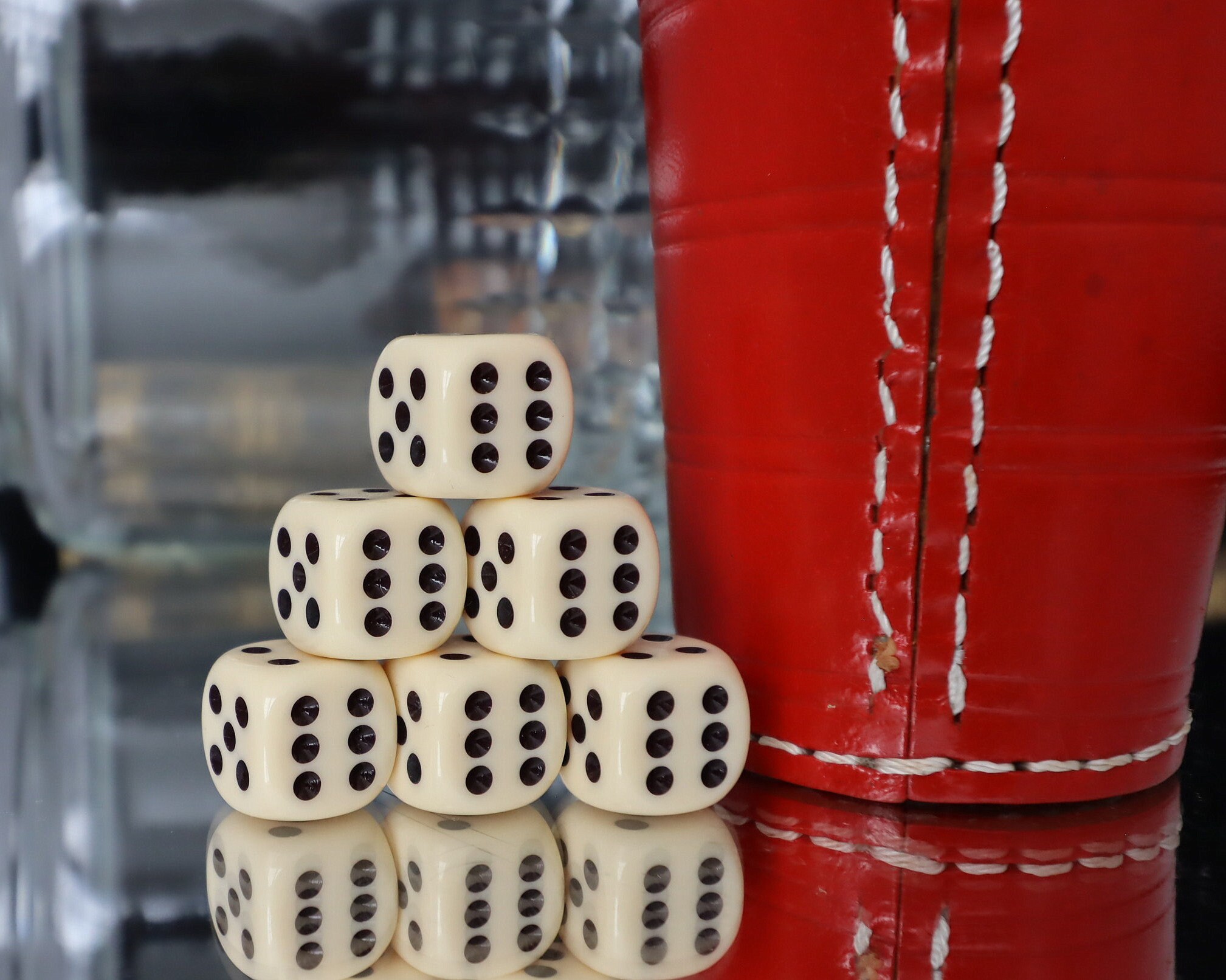 Vintage German Dice Table Game, Leather Dice Cup & Six Dices