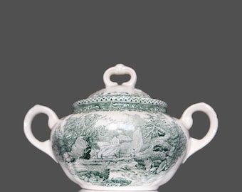 Lidded Sugar Bowl, Green and White Porcelain, VILLEROY & BOCH - Burgenland Pattern
