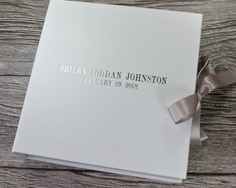 Personalised White Leather Baby Keepsake Memory Box | silver Ribbon Tie