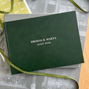 Personalised Dark Green Leather Wedding Guest Book | A5 or A4 Landscape