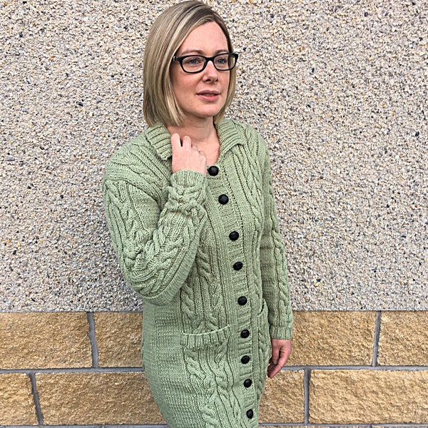 Hand Knitted Long Cardigan In Pure Wool-Autumn/Winter/Spring Cardigan With Two Pockets And Collar-Green Cardigan-Hand Knitted Woman's Jacket