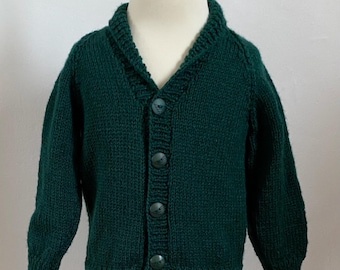 Boys Cardigan, Bottle Green, Age 2 - 3 years, Hand Knit With Collar